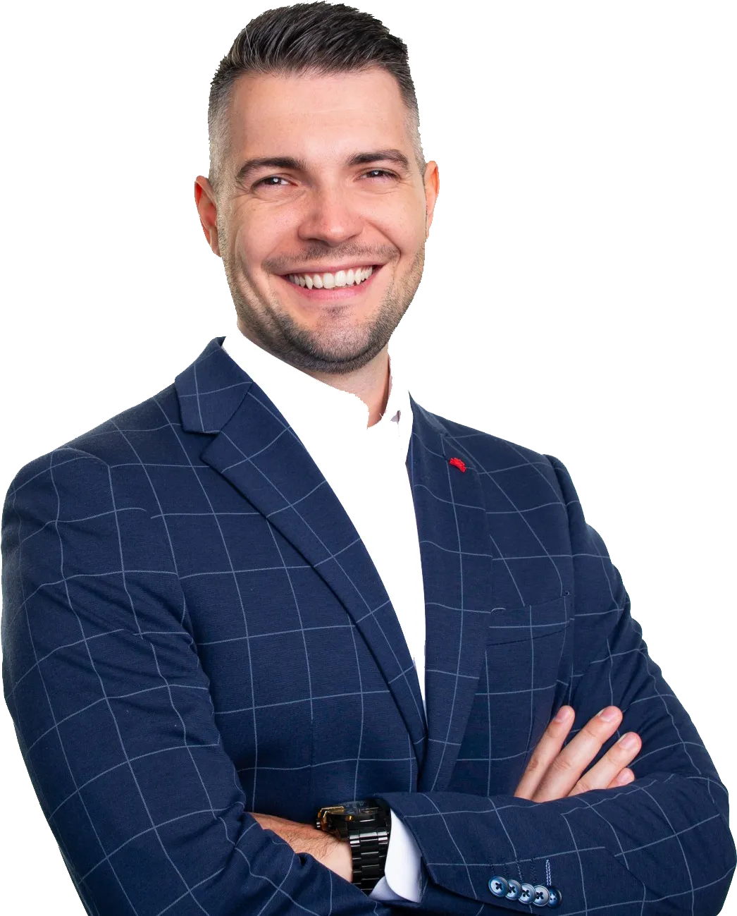 Pierre-Luc Lemieux, courtier immobilier, souriant, bras croisés